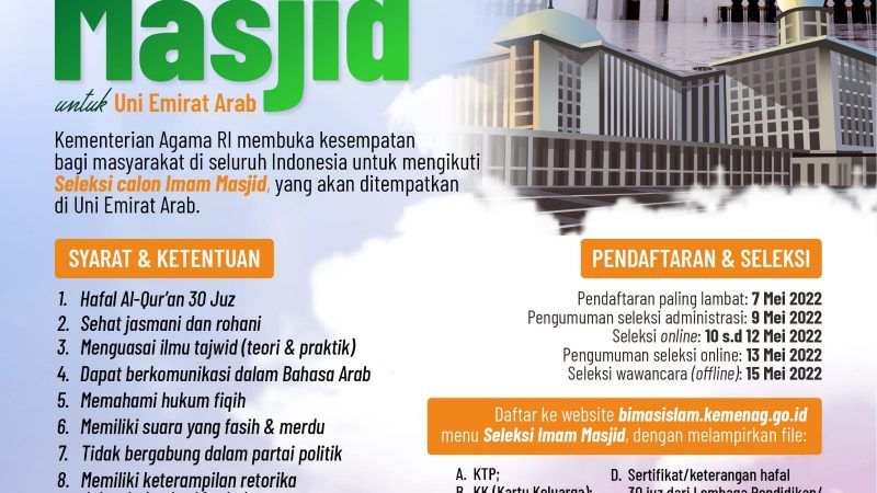 Kemenag Kembali Buka Seleksi Imam Masjid Uni Emirat Arab, Ini Syaratnya